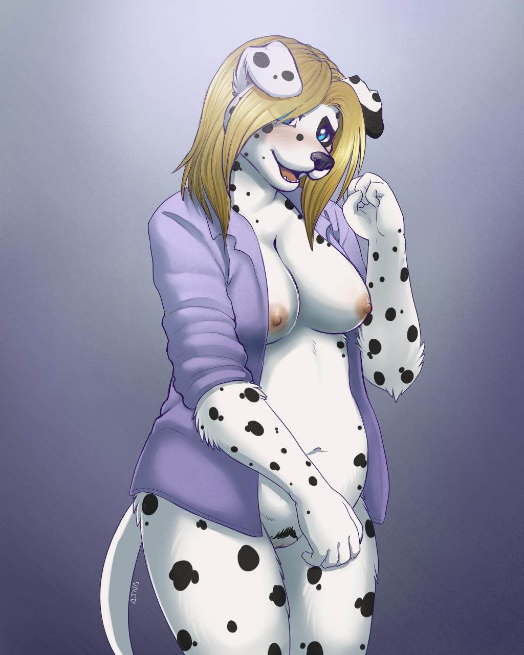 ajna blonde_hair blue_eyes blush bottomless breasts canine chubby clothed clothing dalmatian dog female hair hair_over_eye looking_at_viewer mammal navel nipples open_shirt pussy shirt skimpy solo spots teeth tongue