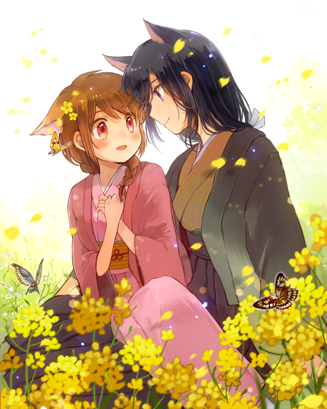:d animal_ears bad_id bad_pixiv_id black_hair blue_eyes blush braid brown_hair bug butterfly couple extra_ears eye_contact field flower flower_field gouhou_yuri_fuufu_hon hair_flower hair_ornament hands_together happy insect itou_hachi japanese_clothes kimono long_hair looking_at_another multiple_girls open_mouth petals rapeseed_blossoms red_eyes single_braid sitting sitting_on_lap sitting_on_person smile yuri