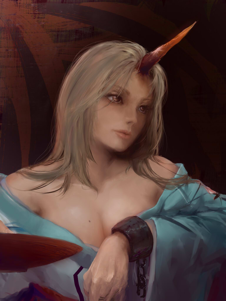 alternate_costume bare_shoulders blonde_hair breasts chain cleavage cuffs cup eyelashes faux_traditional_media gradient gradient_background hi-yo horn hoshiguma_yuugi japanese_clothes kimono lips long_hair looking_away medium_breasts mole mole_on_breast nose off_shoulder realistic red_eyes sakazuki shackles simple_background solo touhou upper_body