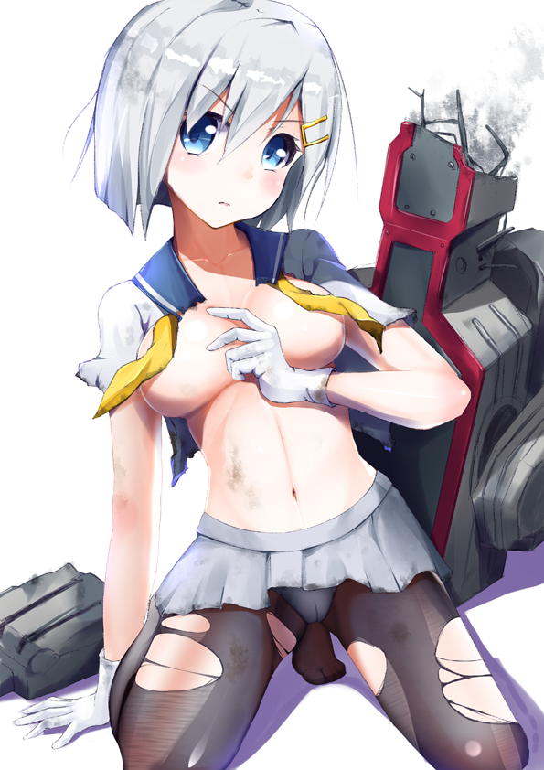 bad_id bad_pixiv_id black_legwear blue_eyes breasts cameltoe gloves hair_ornament hairclip hamakaze_(kantai_collection) henet_hene kantai_collection large_breasts looking_at_viewer panties panties_under_pantyhose pantyhose school_uniform serafuku short_hair short_sleeves silver_hair solo torn_clothes torn_legwear underwear white_gloves