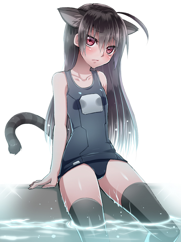 animal_ears black_hair cat_ears emappo long_hair name_tag one-piece_swimsuit phantasy_star phantasy_star_online_2 red_eyes school_swimsuit swimsuit tail thighhighs