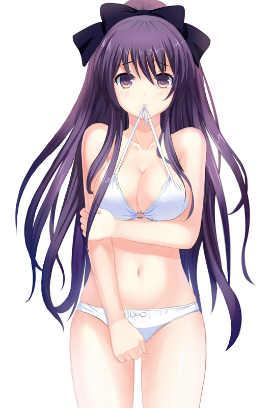 bikini bikini_in_mouth breasts cleavage date_a_live large_breasts long_hair looking_at_viewer mouth_hold mu_gua navel o-ring o-ring_top purple_eyes purple_hair simple_background skindentation solo swimsuit white_background white_bikini yatogami_tooka