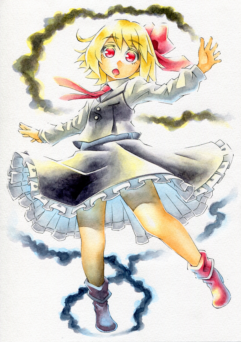 blonde_hair blush_stickers boots darkness hair_ribbon highres kawachi_koorogi marker_(medium) open_mouth outstretched_arms red_eyes ribbon rumia short_hair skirt solo touhou traditional_media