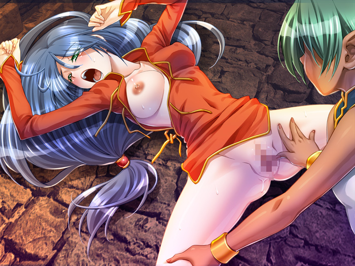 2girls blue_hair breasts china_dress chinese_clothes dark_skin dress elf foless green_hair ikazuchi_no_senshi_raidy kazuma_muramasa long_hair multiple_girls nipple nipples open_clothes pointy_ears screaming vaginal wince yuri