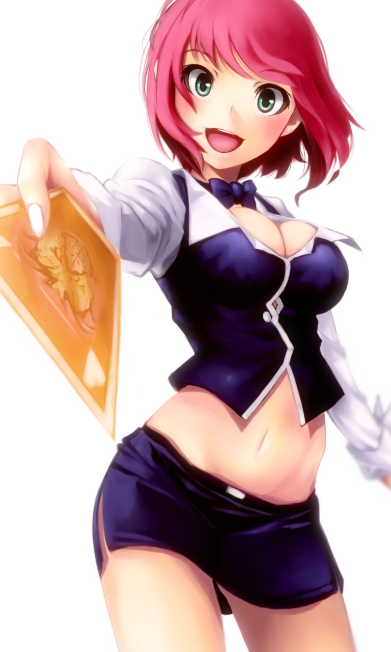:d blush bow bowtie breasts card cleavage cowboy_shot green_eyes highres medium_breasts midriff miniskirt mistrail navel open_mouth outstretched_arm pencil_skirt pink_hair rio_rollins short_hair simple_background skirt smile solo super_blackjack white_background