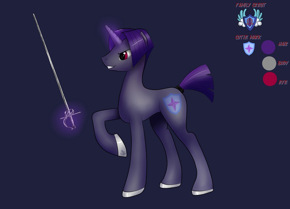 equine feral florence hair horn horseshoe levitation magic male mammal my_little_pony original_character purple_hair rapier rayhiros red_eyes simple_background solo sword unicorn weapon