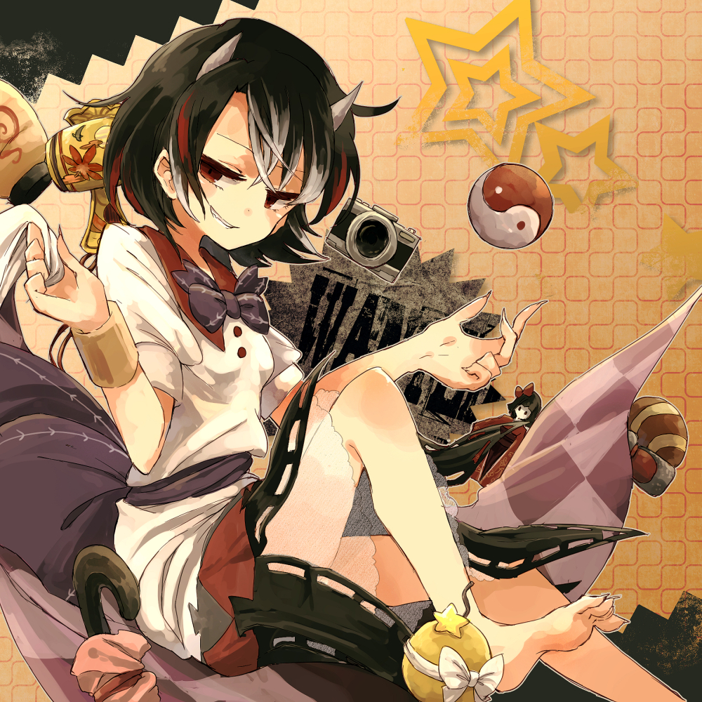 :d barefoot black_hair bow bowtie camera doll dutch_angle fang hisona_(suaritesumi) horns impossible_spell_card kijin_seija long_toenails looking_at_viewer mallet multicolored_hair open_mouth orb parasol parted_lips red_eyes shirt short_hair short_sleeves simple_background sitting smile smirk solo star streaked_hair teeth toenails touhou umbrella white_shirt wrist_cuffs yin_yang