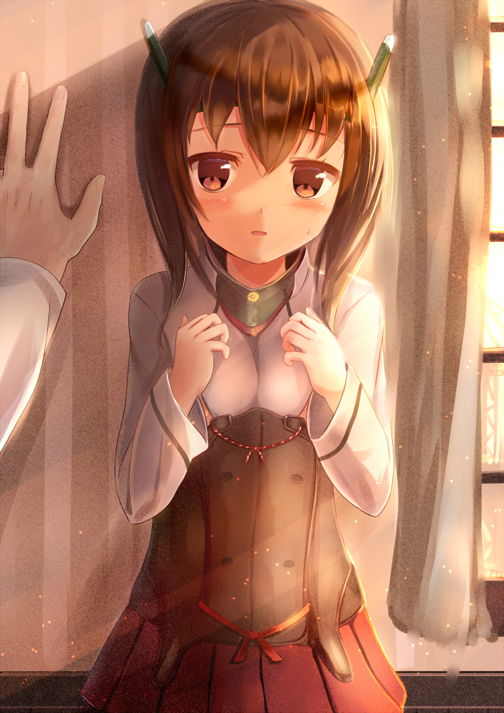 :o against_wall blush breast_squeeze breasts brown_eyes brown_hair cowboy_shot curtains headband headgear indoors kantai_collection long_sleeves looking_at_viewer parted_lips petite pov red_skirt sakura_ani short_hair skirt small_breasts solo_focus standing sweatdrop taihou_(kantai_collection) tareme window