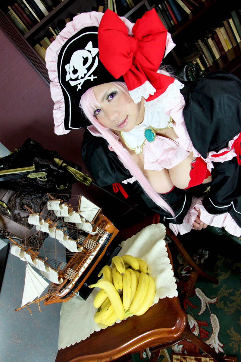 1girl banana breasts captain_liliana captain_liliana_(cosplay) chouzuki_maryou cosplay food fruit hat highres large_breasts lost_worlds photo pink_hair pirate pirate_hat plump purple_eyes queen's_blade queen's_blade queen's_blade_rebellion sexually_suggestive