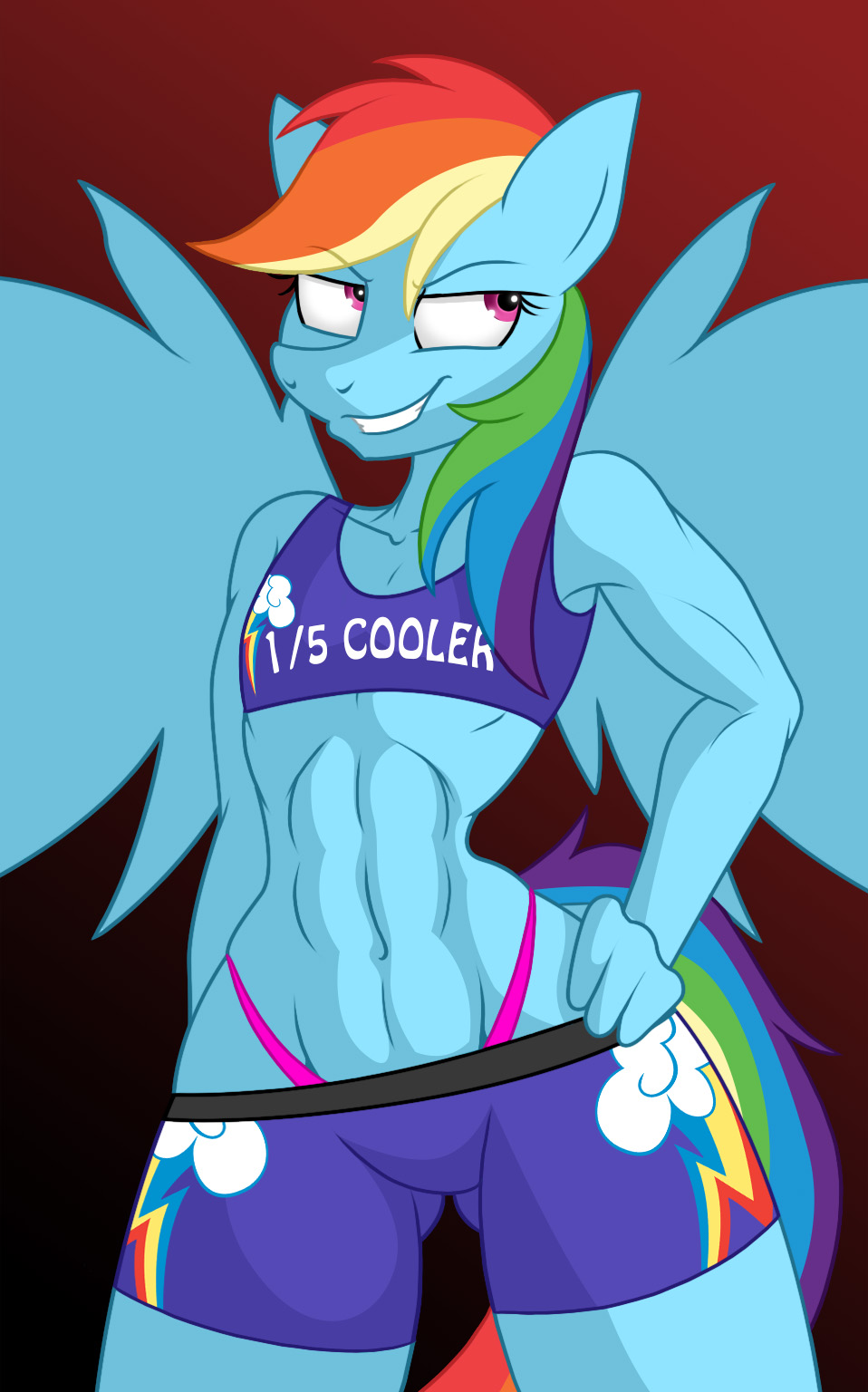 abs anthro anthrofied clothing equine female flat_chested friendship_is_magic hair horse jrvanesbroek mammal multi-colored_hair muscles muscular_female my_little_pony pegasus pony purple_eyes rainbow_dash_(mlp) rainbow_hair shorts solo standing thong wings