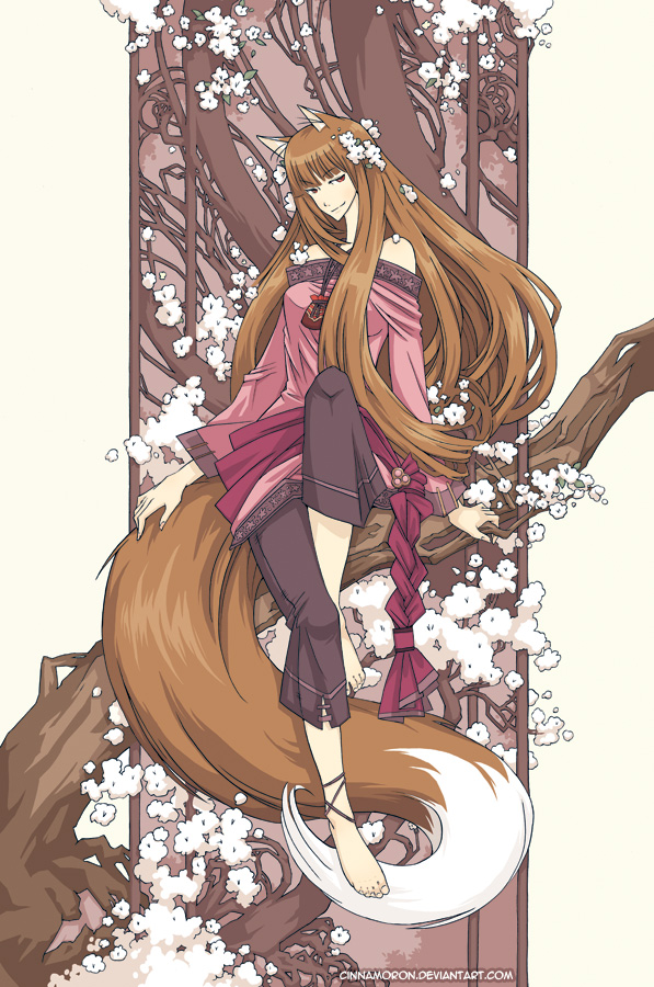 animal_ears anklet art_nouveau artist_name barefoot branch brown_hair capri_pants cinnamoron flower holo jewelry long_hair pants red_eyes sitting smile solo spice_and_wolf tail watermark web_address wolf_ears wolf_tail
