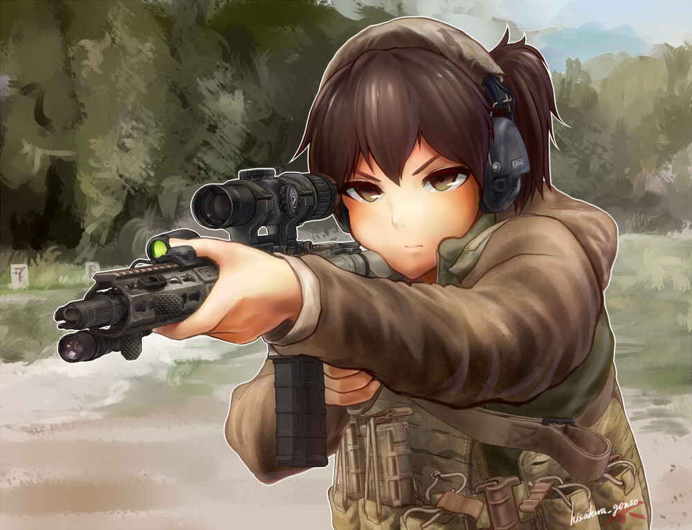 aiming alternate_costume ar-15 assault_rifle bad_id bad_pixiv_id brown_eyes brown_hair camouflage chris_costa commentary ear_protection flashlight genso gun headset kaga_(kantai_collection) kantai_collection leupold_optics load_bearing_vest magpul military_operator parody real_life rifle scope short_hair side_ponytail solo weapon