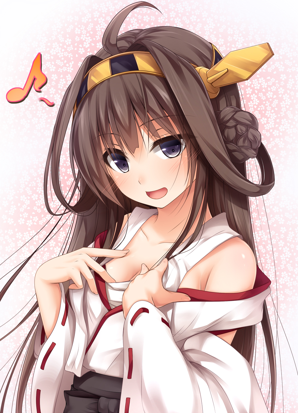 :d ahoge bare_shoulders black_eyes blue_eyes blush breasts brown_hair cleavage eighth_note hairband hand_on_own_chest haryuu_(poetto) highres kantai_collection kongou_(kantai_collection) long_hair medium_breasts musical_note nontraditional_miko open_mouth ribbon-trimmed_sleeves ribbon_trim smile solo