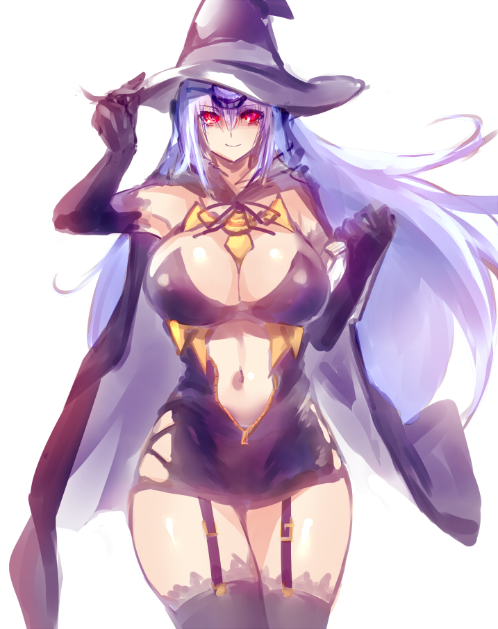 blue_hair breasts elbow_gloves gloves hat kos-mos large_breasts negresco red_eyes simple_background smile solo white_background witch_hat xenosaga