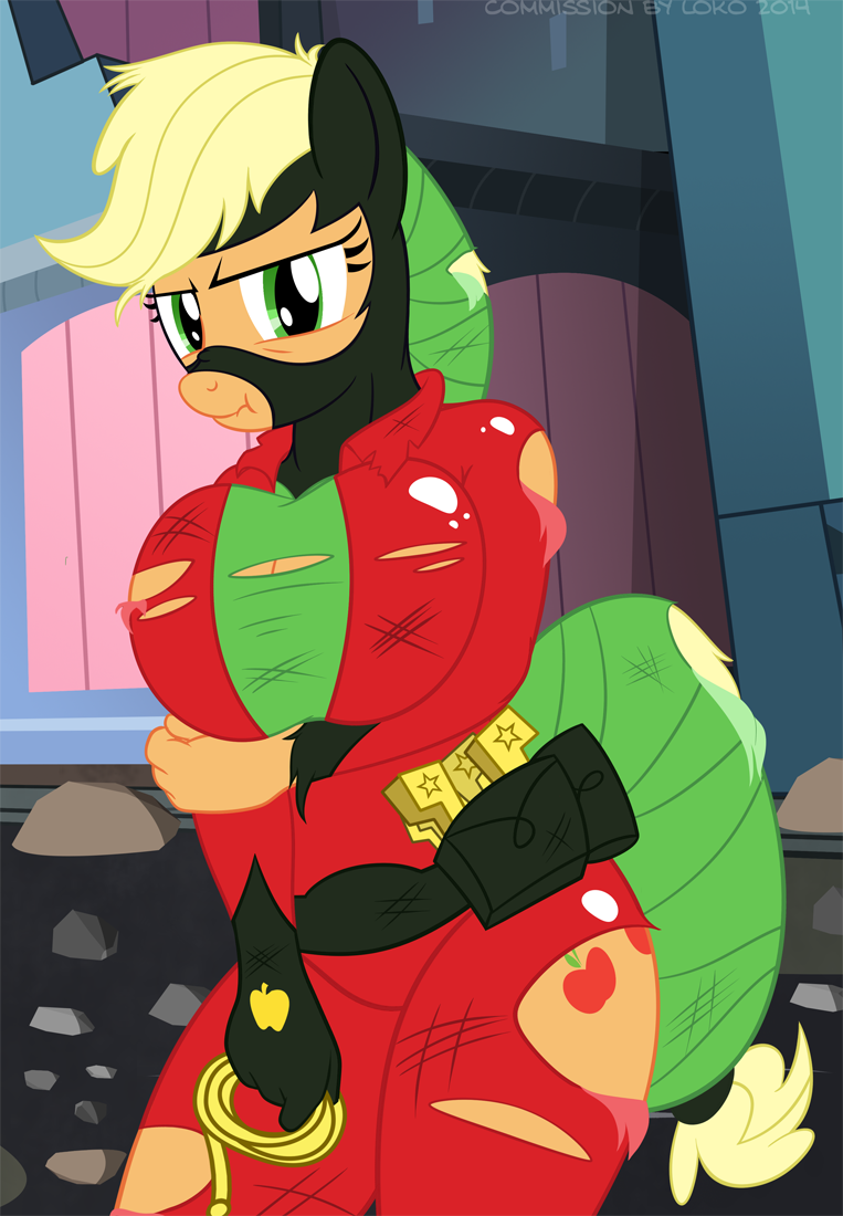 anthro anthrofied applejack_(mlp) balaclava belt blonde_hair building butt clothing costume el-loko equine female friendship_is_magic green_eyes hair horse looking_at_viewer looking_back mammal mask mistress_mare-velous_(mlp) my_little_pony night pony ponytail power_ponies_(mlp) rope skinsuit solo torn_clothing