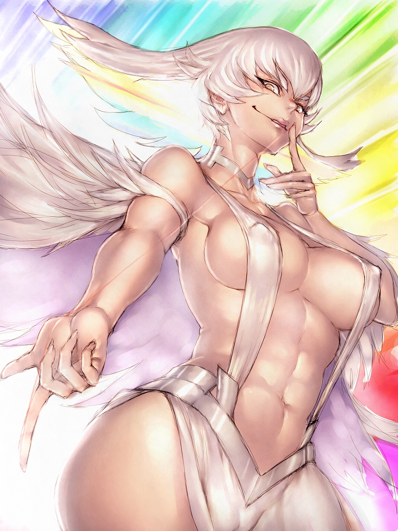 abs bare_shoulders beckoning breasts cameltoe collarbone covered_nipples evil_smile eyebrows finger_to_mouth fumio_(rsqkr) goddess hands kill_la_kill kiryuuin_ragyou large_breasts life_fiber long_hair looking_at_viewer looking_down mature navel rainbow smile solo string thighs white_hair yellow_eyes