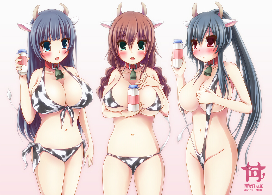 agano_(kantai_collection) alternate_costume animal_ears animal_print bell bell_collar bikini black_hair blue_hair blush bottle braid breasts brown_hair cleavage collar collarbone cow_bell cow_ears cow_girl cow_horns cow_print cow_tail front-tie_top full-face_blush green_eyes horns kantai_collection large_breasts long_hair looking_at_viewer md5_mismatch milk_bottle morita_(moritania) multiple_girls navel noshiro_(kantai_collection) open_mouth ponytail red_eyes side-tie_bikini skindentation slingshot_swimsuit string_bikini swimsuit tail twin_braids underboob very_long_hair yahagi_(kantai_collection)