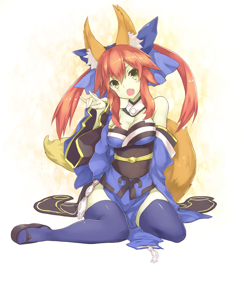 animal_ears bare_shoulders blue_legwear bow breasts cleavage detached_sleeves fang fate/extra fate_(series) fox_ears fox_tail geta goekawa hair_bow hair_ribbon japanese_clothes large_breasts pink_hair ribbon solo tail tamamo_(fate)_(all) tamamo_no_mae_(fate) twintails yellow_eyes
