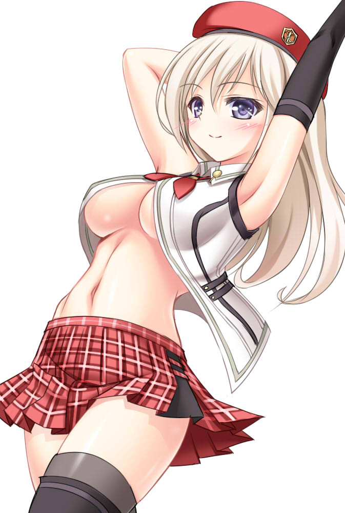 alisa_ilinichina_amiella armpits arms_up black_legwear blonde_hair blue_eyes blush breasts dutch_angle elbow_gloves gloves god_eater god_eater_2:_rage_burst hat large_breasts long_hair naoki_(endofcentury102) navel necktie simple_background skirt solo thighhighs underboob