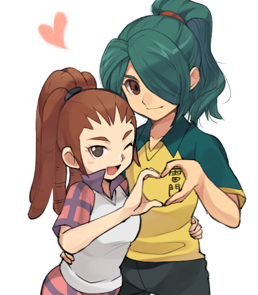 1girl aqua_hair brown_eyes hair_over_one_eye heart heart_hands heart_hands_duo inazuma_eleven inazuma_eleven_(series) kazemaru_ichirouta looking_at_viewer midou_reika no_pupils one_eye_closed oosaka_gals open_mouth petagon ponytail raimon raimon_soccer_uniform soccer_uniform sportswear