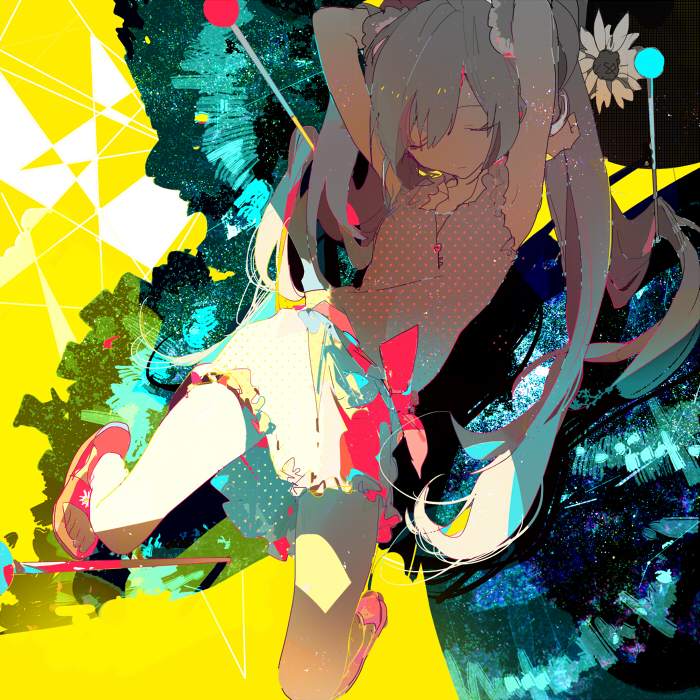 arms_up butterfly_wings closed_eyes dress facing_viewer hatsune_miku jewelry key key_necklace long_hair necklace pin pink_legwear polka_dot rella sandals sleeveless sleeveless_dress solo twintails very_long_hair vocaloid wings