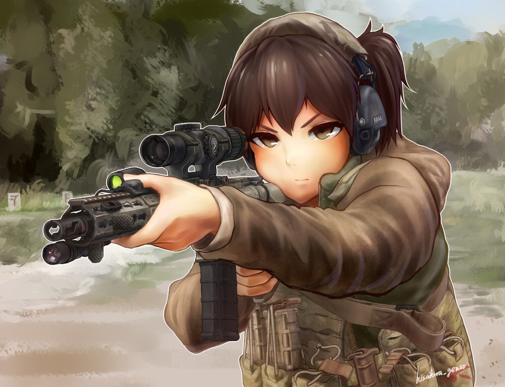 aiming alternate_costume ar-15 assault_rifle bad_id bad_pixiv_id brown_eyes brown_hair camouflage chris_costa commentary ear_protection flashlight genso gun headset kaga_(kantai_collection) kantai_collection leupold_optics load_bearing_vest magpul military_operator parody real_life rifle scope short_hair side_ponytail solo weapon