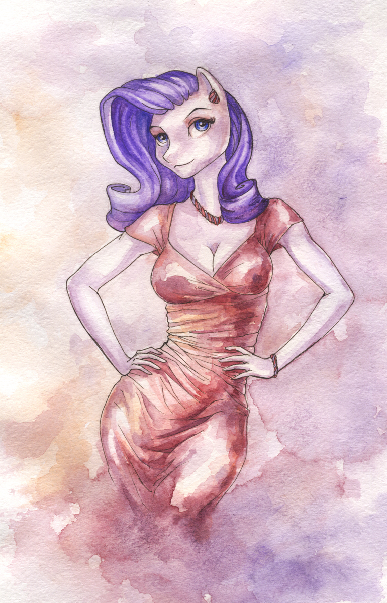 anthro anthrofied blue_eyes bracelet breasts cleavage clothed clothing dress equine eyeshadow female friendship_is_magic hair horn jewelry makeup mammal my_little_pony necklace piercing purple_hair rarity_(mlp) solo standing traditional_media unicorn valita-es watercolor