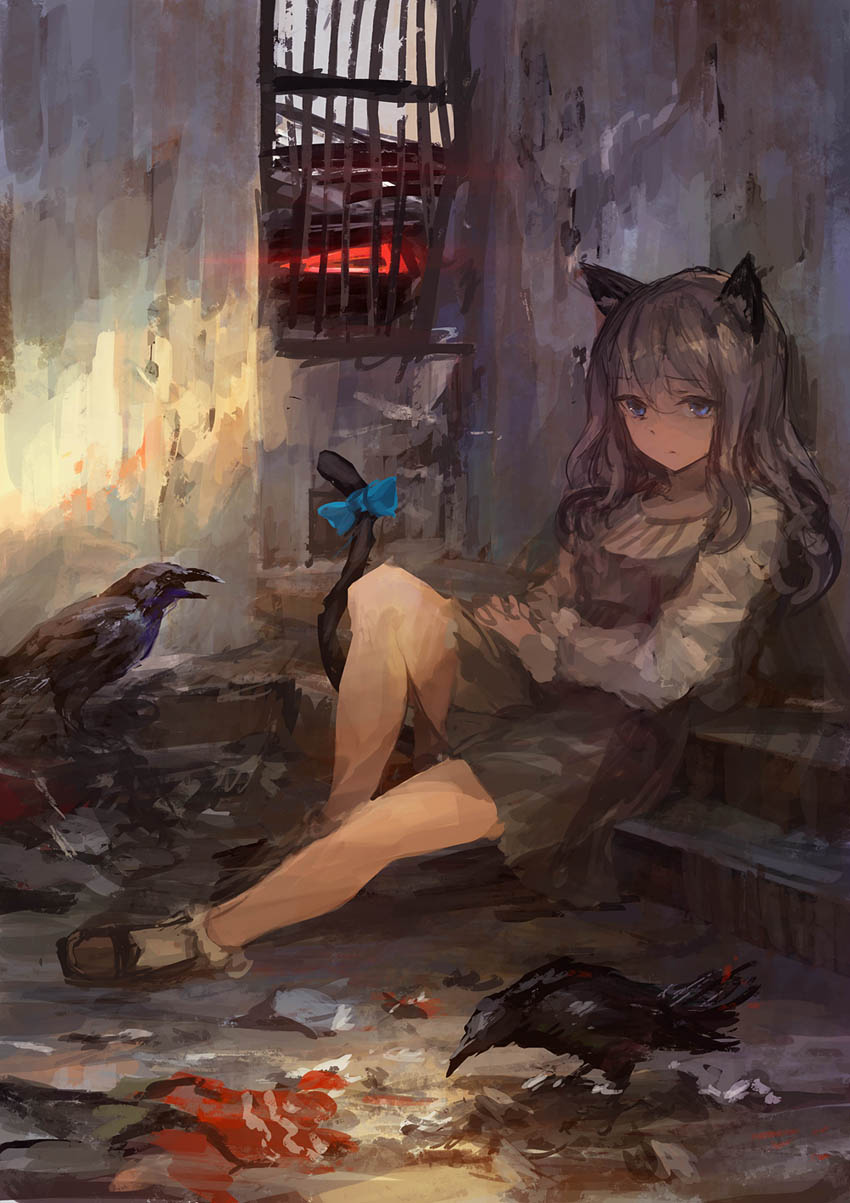 animal_ears bird blood blue_eyes bow cat_ears cat_tail crow dress highres lm7_(op-center) long_hair original purple_hair sitting sitting_on_stairs solo stairs tail tail_bow