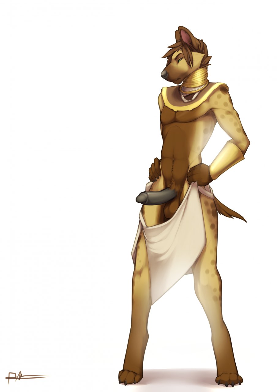 anthro balls black_penis brown_hair erection hair hyena loincloth lost-paw male mammal neck_rings penis plain_background shadow short_hair solo standing white_background zuzulf