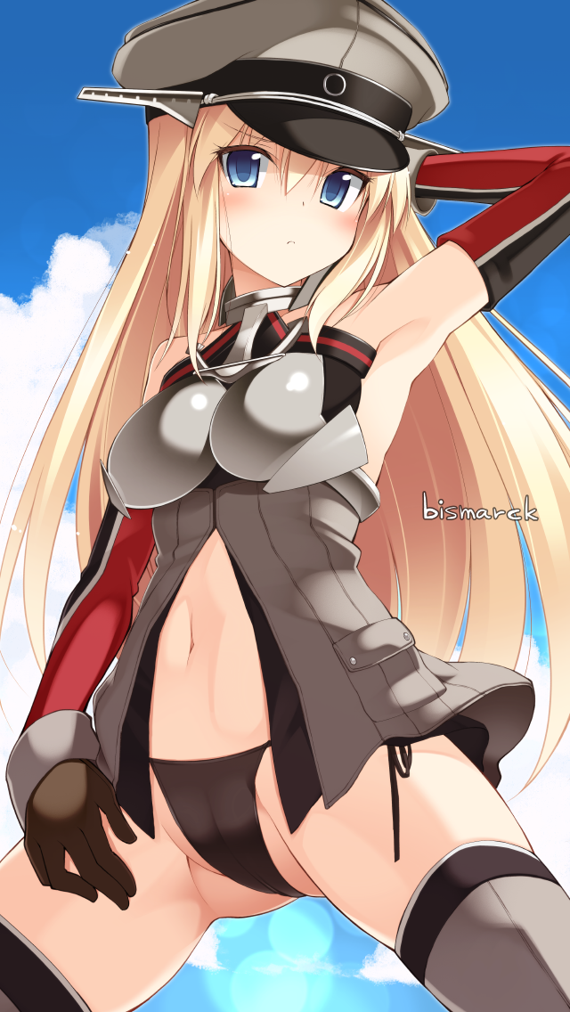 arm_up armpits bare_shoulders bismarck_(kantai_collection) black_gloves black_panties blonde_hair blue_eyes blue_sky blush breasts character_name day elbow_gloves gloves grey_legwear hat impossible_clothes kantai_collection long_hair medium_breasts military military_uniform navel oota_yuuichi panties side-tie_panties sky solo string_panties thighhighs underwear uniform