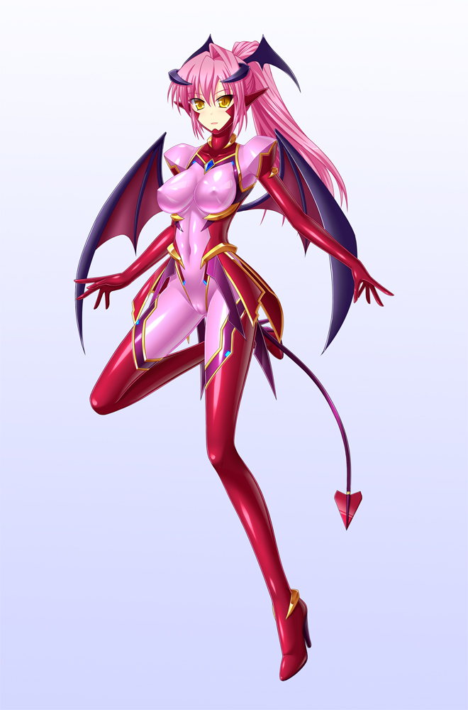 bodysuit breasts cameltoe covered_navel covered_nipples demon_horns demon_tail demon_wings high_heels horns large_breasts long_hair md5_mismatch original pink_bodysuit pink_hair pointy_ears ponytail shiny shiny_clothes slit_pupils solo tail utamaru_(utamaru143) wings yellow_eyes