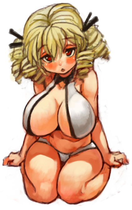 :o alternate_breast_size bikini blonde_hair blush breasts chestnut_mouth cleavage drill_hair hair_ribbon large_breasts looking_at_viewer luna_child open_mouth red_eyes ribbon sachito seiza short_hair simple_background sitting sketch solo swimsuit touhou white_background white_bikini