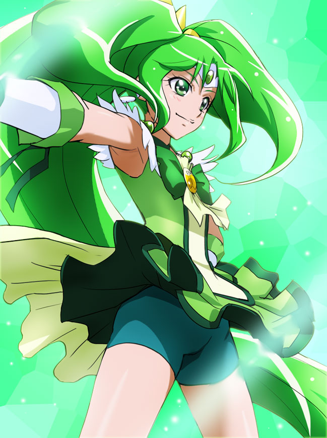 armpits bike_shorts choker cure_march green green_background green_choker green_eyes green_hair green_shorts green_skirt hand_on_hip haruyama_kazunori long_hair magical_girl midorikawa_nao ponytail precure shorts shorts_under_skirt skirt smile_precure! solo tiara very_long_hair