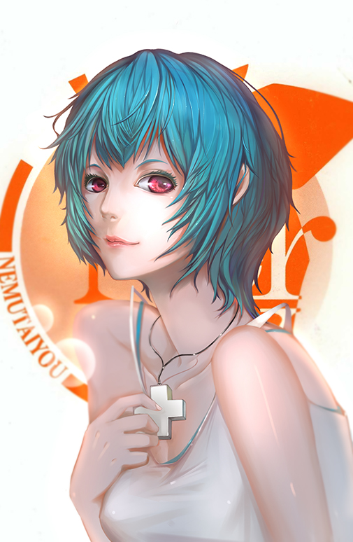 ayanami_rei bad_id bad_pixiv_id bare_arms blue_hair ciyuan cross jewelry looking_at_viewer necklace neon_genesis_evangelion red_eyes short_hair solo