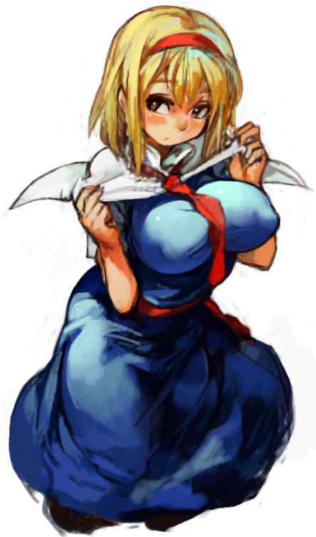 alice_margatroid blonde_hair blue_dress blue_eyes blush breasts capelet covered_nipples dress hairband large_breasts perky_breasts sachito sash short_hair simple_background sketch solo touhou white_background