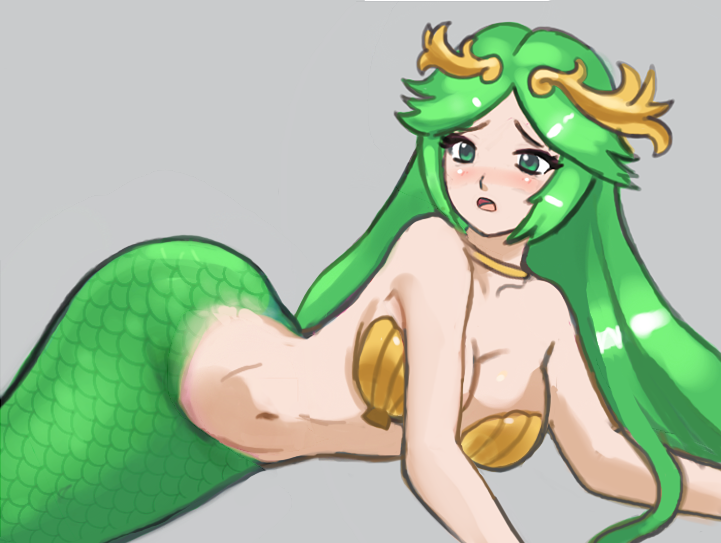 breasts female green_eyes green_hair hair kid_icarus mermaid palutena seashell_bra solo