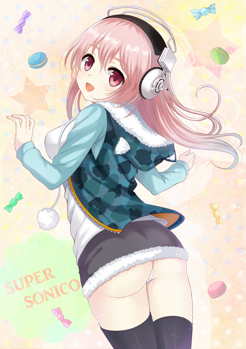 ass bad_id bad_pixiv_id black_legwear blush breasts candy food harimoji headphones large_breasts long_hair looking_at_viewer looking_back macaron microphone miniskirt nitroplus open_mouth panties pink_eyes pink_hair pom_pom_(clothes) skirt smile solo super_sonico thighhighs underwear