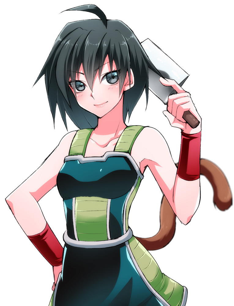 ahoge armor black_hair cleaver collarbone dragon_ball dragon_ball_z emappo gine meat_cleaver simple_background smile solo tail white_background