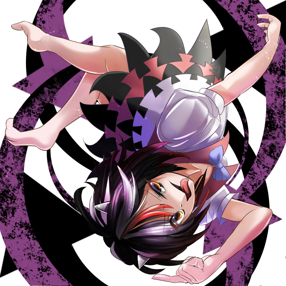 bad_feet barefoot black_hair bow error horns janne_cherry kijin_seija looking_at_viewer multicolored_hair puffy_sleeves short_sleeves smile solo tongue tongue_out touhou upside-down yellow_eyes