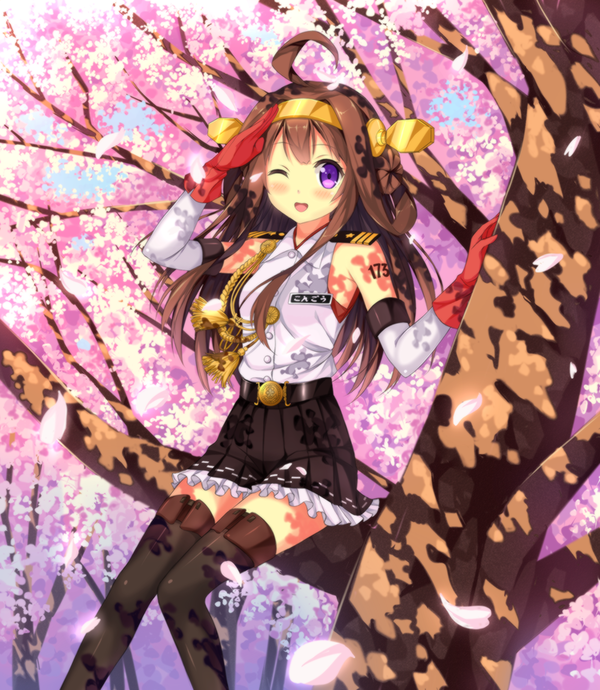 adapted_costume ahoge bare_shoulders boots brown_hair cherry_blossoms commentary cosplay detached_sleeves double_bun elbow_gloves gloves hairband headgear japanese_clothes kantai_collection kantoku_(style) kongou_(jmsdf) kongou_(kantai_collection) kongou_(kantai_collection)_(cosplay) long_hair one_eye_closed open_mouth phanc purple_eyes red_gloves salute skirt smile solo thigh_boots thighhighs