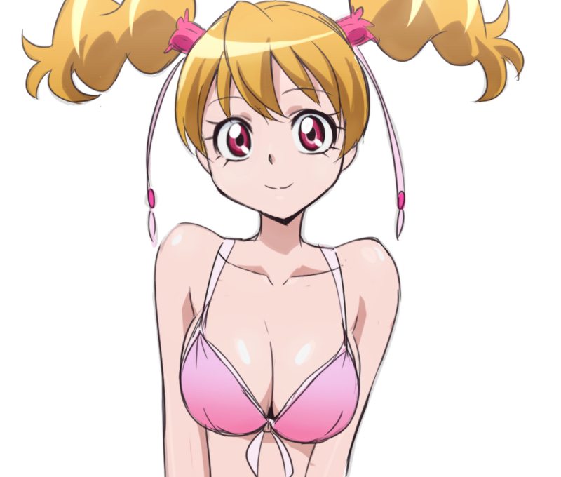 bikini_top breasts brown_hair eyelashes fresh_precure! large_breasts looking_at_viewer manji_(tenketsu) momozono_love pink_eyes precure short_hair simple_background smile solo twintails white_background
