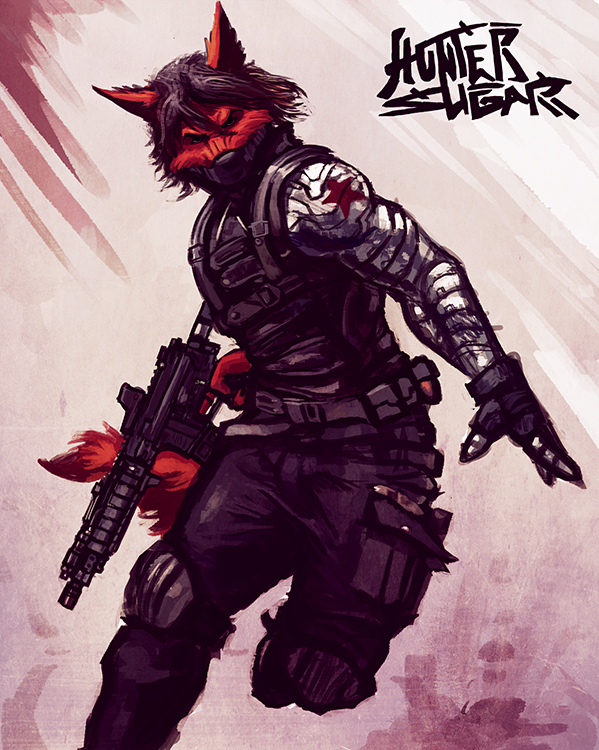 black_eyes black_hair canine fur hair male mammal ranged_weapon red_fur running sligarthetiger soldier solo weapon wolf