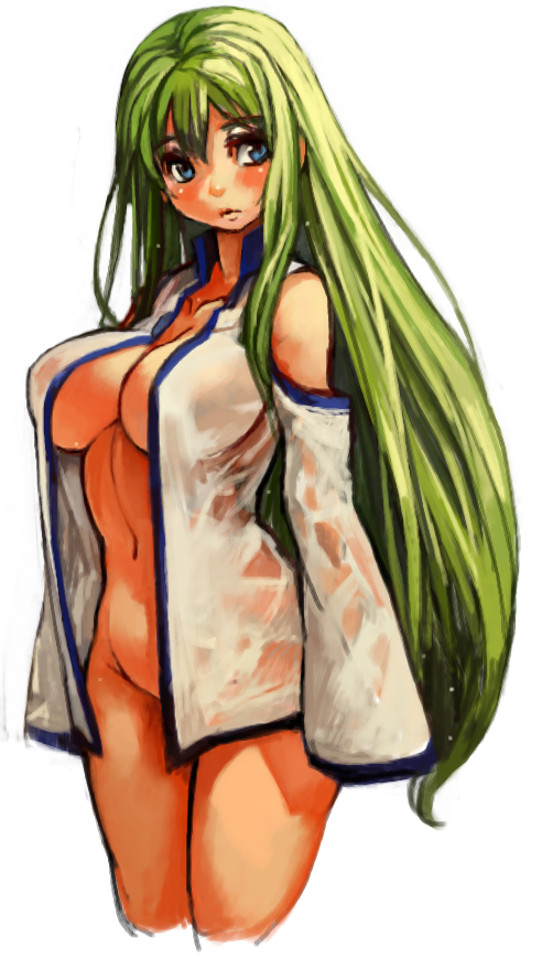 bare_shoulders blue_eyes blush bottomless breasts collarbone detached_sleeves green_hair kochiya_sanae large_breasts long_hair navel no_bra no_panties open_clothes open_mouth sachito see-through simple_background sketch sleeves_past_wrists solo touhou white_background