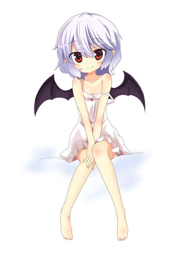 bare_shoulders barefoot bat_wings blue_hair camisole looking_at_viewer massala off_shoulder red_eyes remilia_scarlet short_hair sitting smile solo strap_slip touhou wings younger