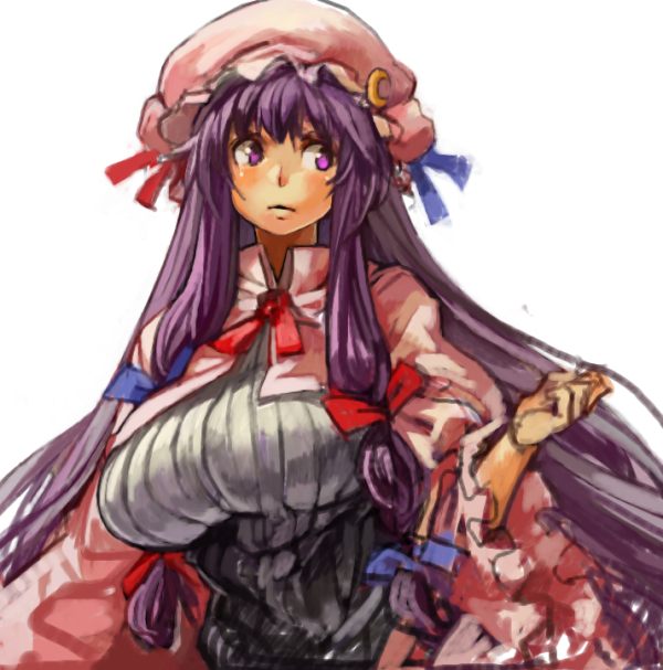 adapted_costume breasts crescent hair_ribbon hat large_breasts long_hair looking_away patchouli_knowledge purple_eyes purple_hair ribbon sachito simple_background sketch solo touhou white_background