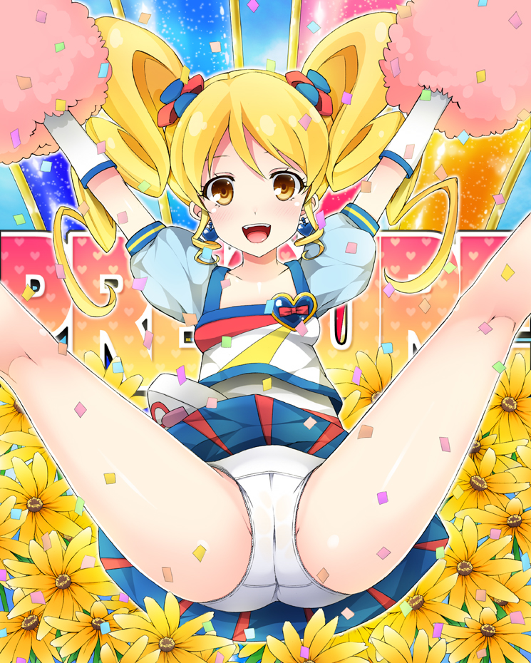 alternate_form arms_up cure_honey flower happinesscharge_precure! heart long_hair looking_at_viewer multicolored multicolored_clothes multicolored_skirt oomori_yuuko open_mouth panties pom_poms popcorn_cheer precure skirt solo spread_legs twintails underwear white_panties yatsune_rika yellow_eyes
