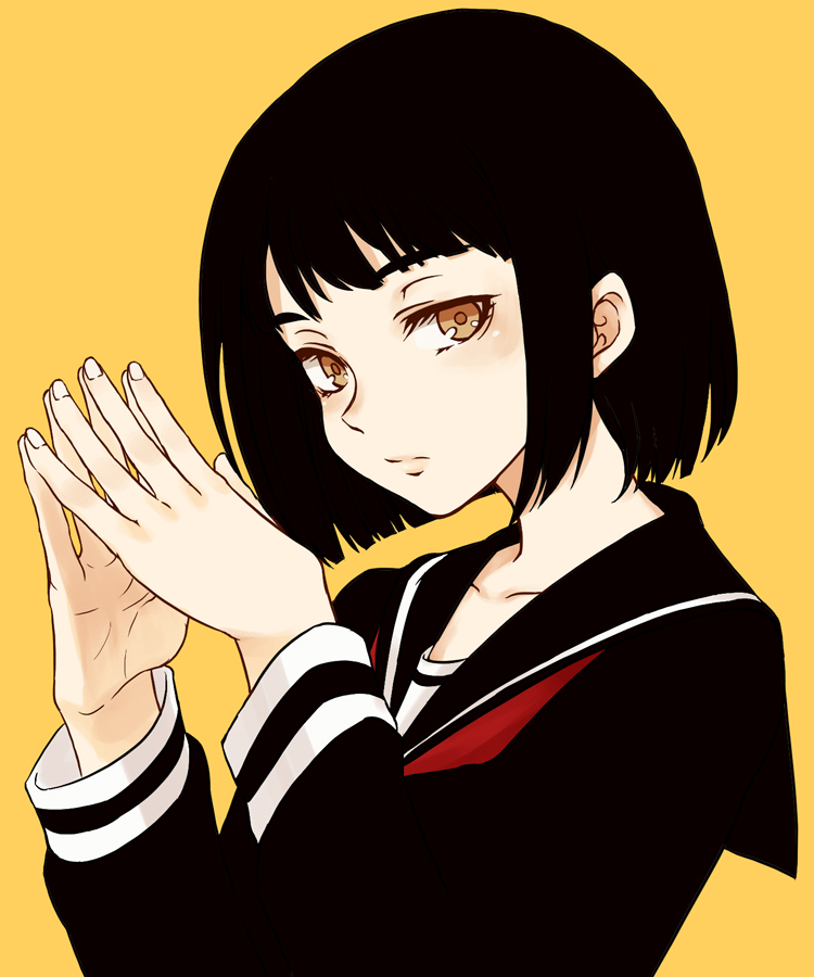 black_hair bob_cut brown_eyes hands hands_together haruhito_(divineshalt) looking_at_viewer original school_uniform serafuku short_hair simple_background solo