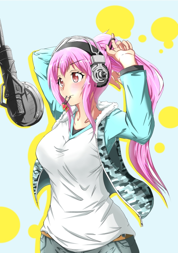 alternate_hairstyle breasts headphones hironao_(skysss) large_breasts long_hair microphone nitroplus pink_eyes pink_hair ponytail solo super_sonico