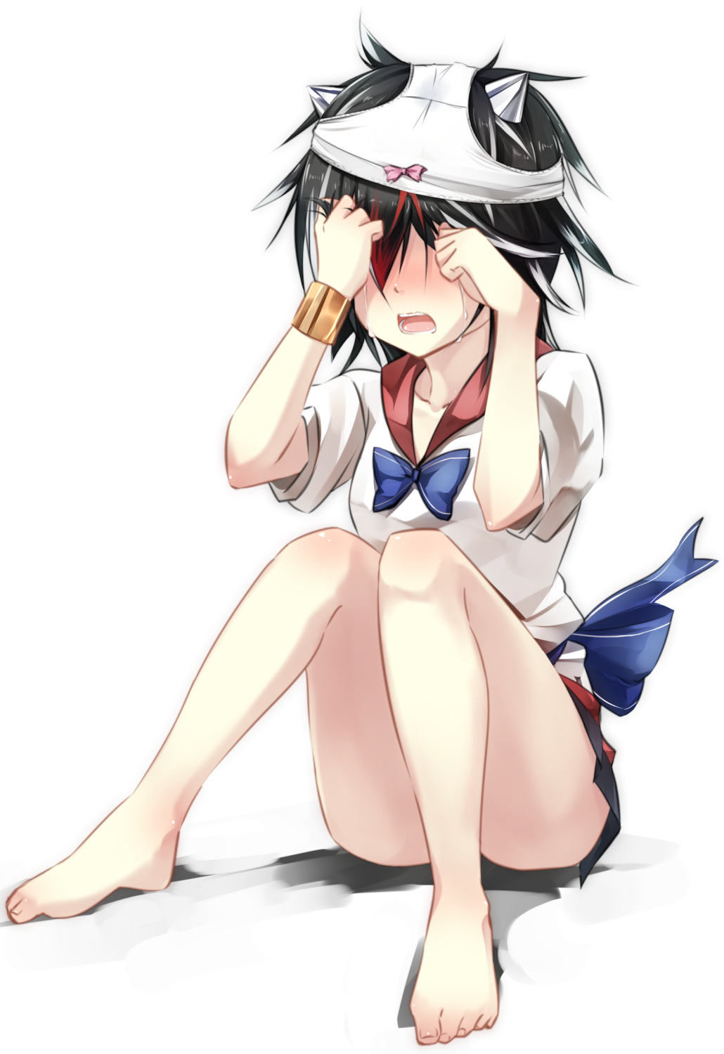 bad_id bad_pixiv_id bare_legs barefoot black_hair blush bottomless bow bow_panties bracelet censored collarbone commentary convenient_leg crying dress full_body gorilla_(bun0615) highres horns jewelry kijin_seija multicolored multicolored_clothes multicolored_dress multicolored_hair no_panties object_on_head open_mouth panties panties_on_head puffy_sleeves red_hair rubbing_eyes sash short_sleeves simple_background sitting solo streaked_hair tears touhou underwear white_background white_hair white_panties