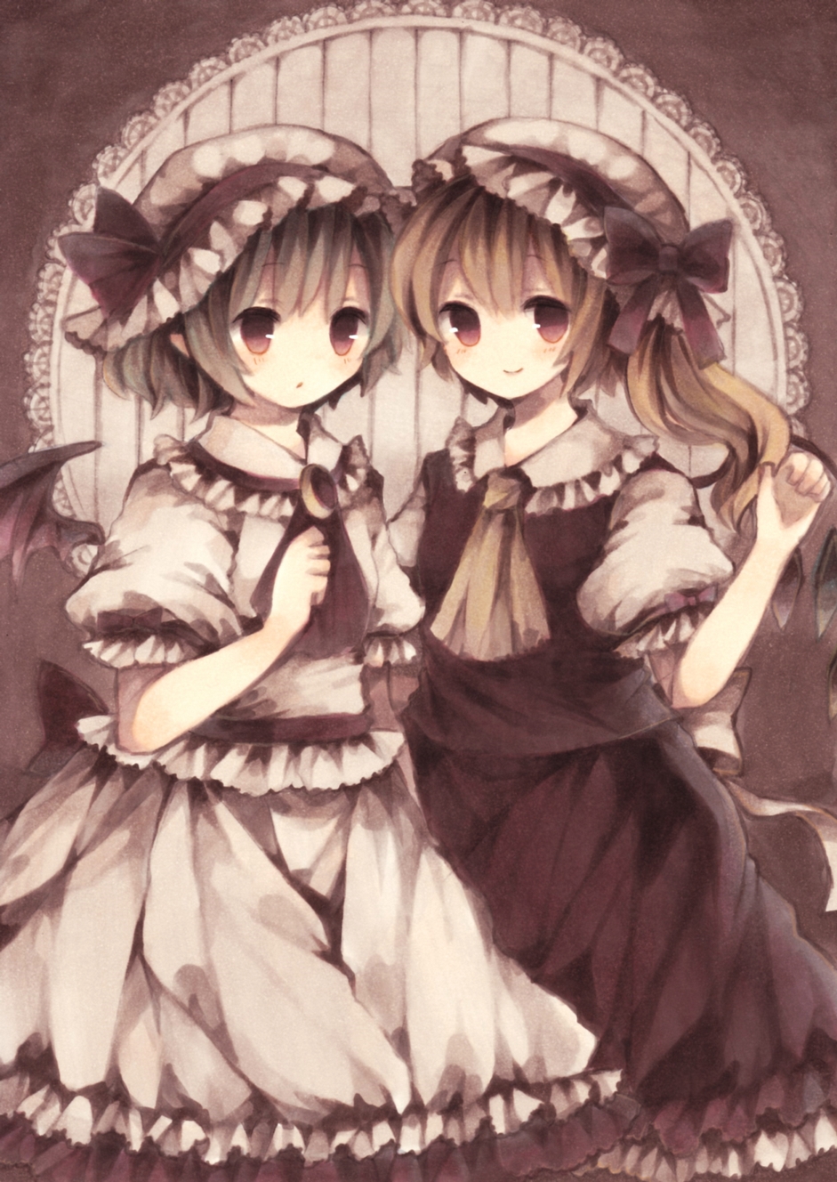 ascot bad_id bad_pixiv_id bat_wings blonde_hair bow brooch dress flandre_scarlet hat hat_bow hat_ribbon highres jewelry looking_at_viewer mob_cap multiple_girls puffy_sleeves red_dress remilia_scarlet ribbon sash shirt short_sleeves siblings silver_hair sisters sitting smile touhou white_dress wings wiriam07